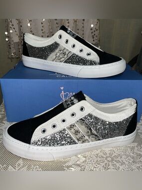 JellyPop Sparkling Silver Glitter & Black Slip-On Sneakers NIB